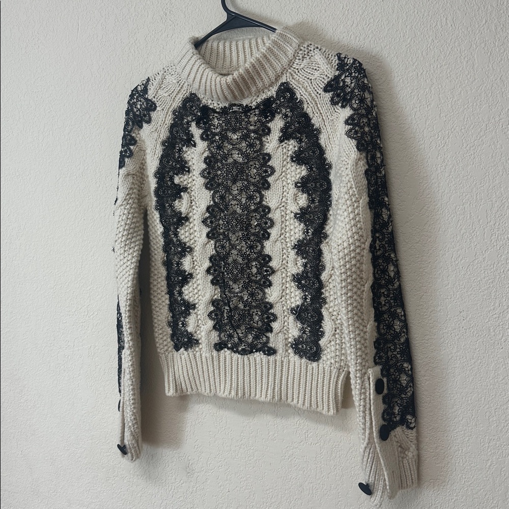 ZARA womans Cream Cable Knit Sweater with Black Lace Appliqué size S - Picture 2 of 4